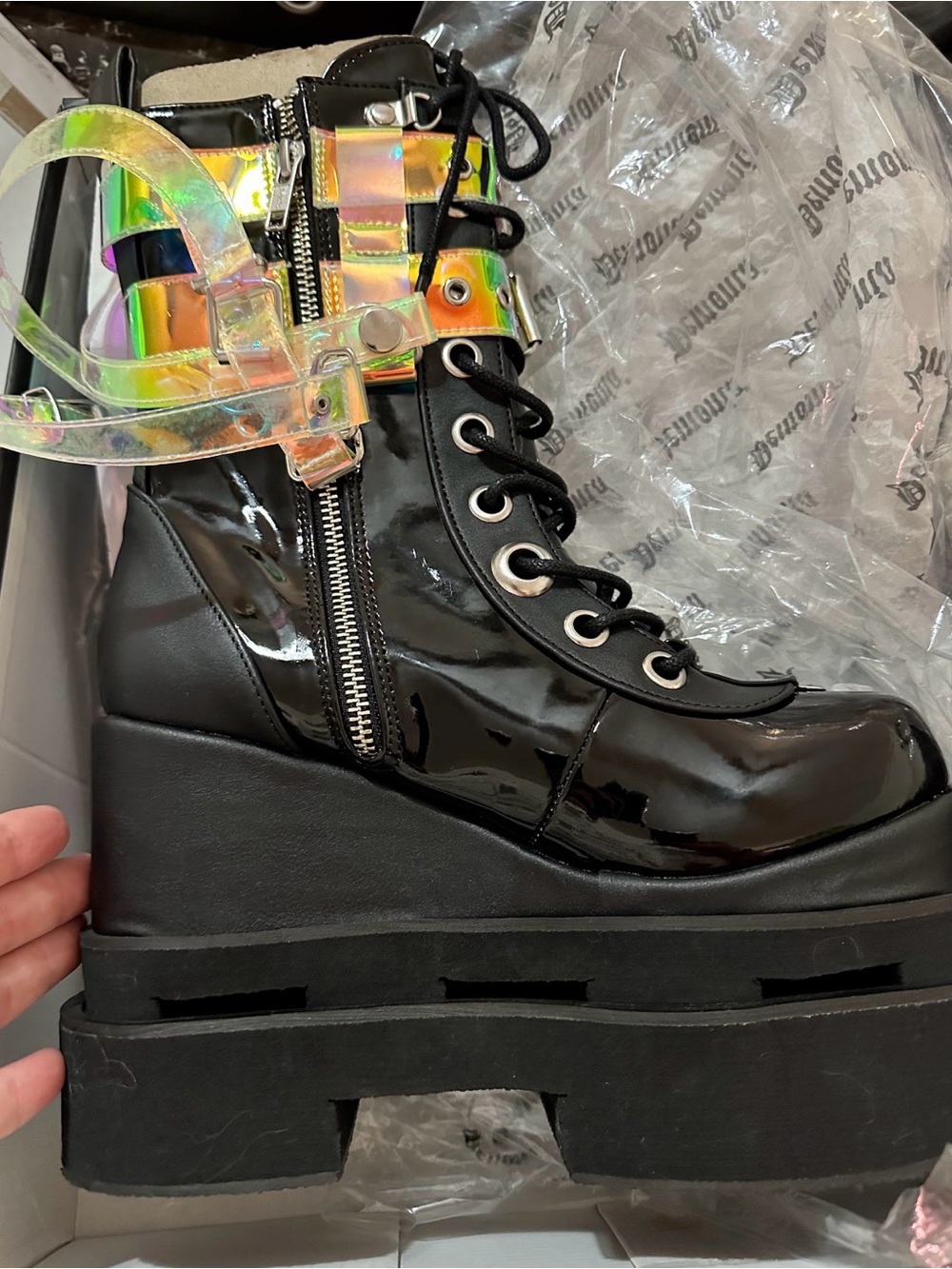 Demonia Black Patent Platform Lace-Up Boots with Holographic Straps Magic Mirror - Picture 3 of 9